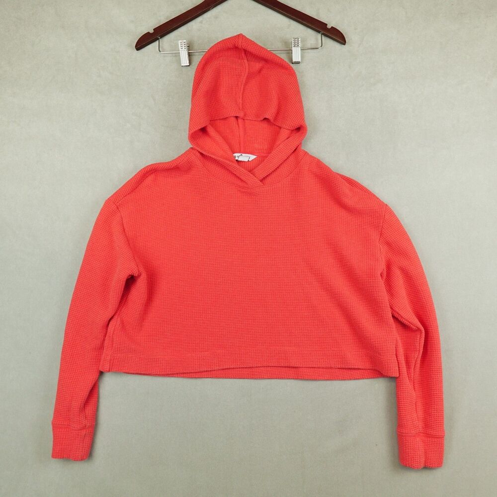 Athleta Coaster Waffle Crop Hoodie Womens Size XS Red Boxy Long Sleeve Pullover